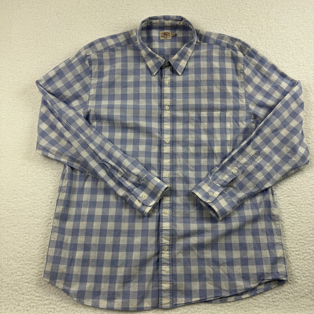Faherty Shirt‎ Mens 2XL Blue White Checkered Cotton Travel Preppy Button Up